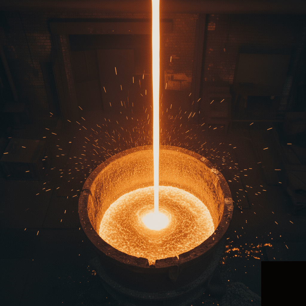 Molten metal being poured into foundry cauldron