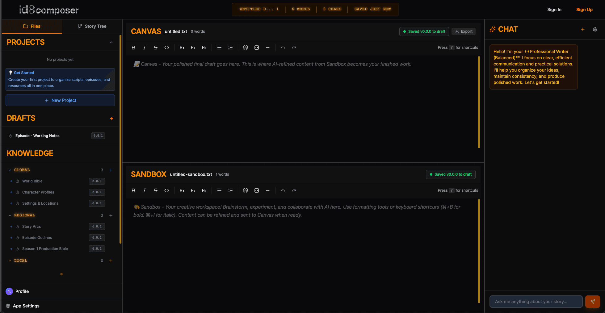 ID8Composer interface showing dual Canvas/Sandbox panels in the center, Knowledge Base sidebar on the left, and AI Chat panel on the right - complete workspace for structured storytelling